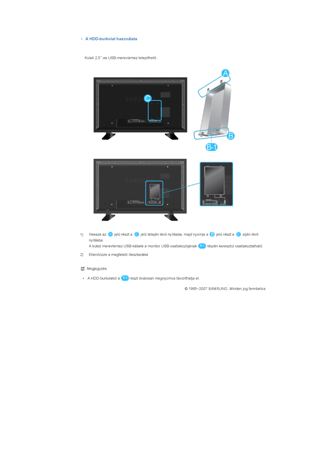 Samsung LS57BPTNB/EDC, LS57BPTNS/EDC manual HDD-burkolat használata 