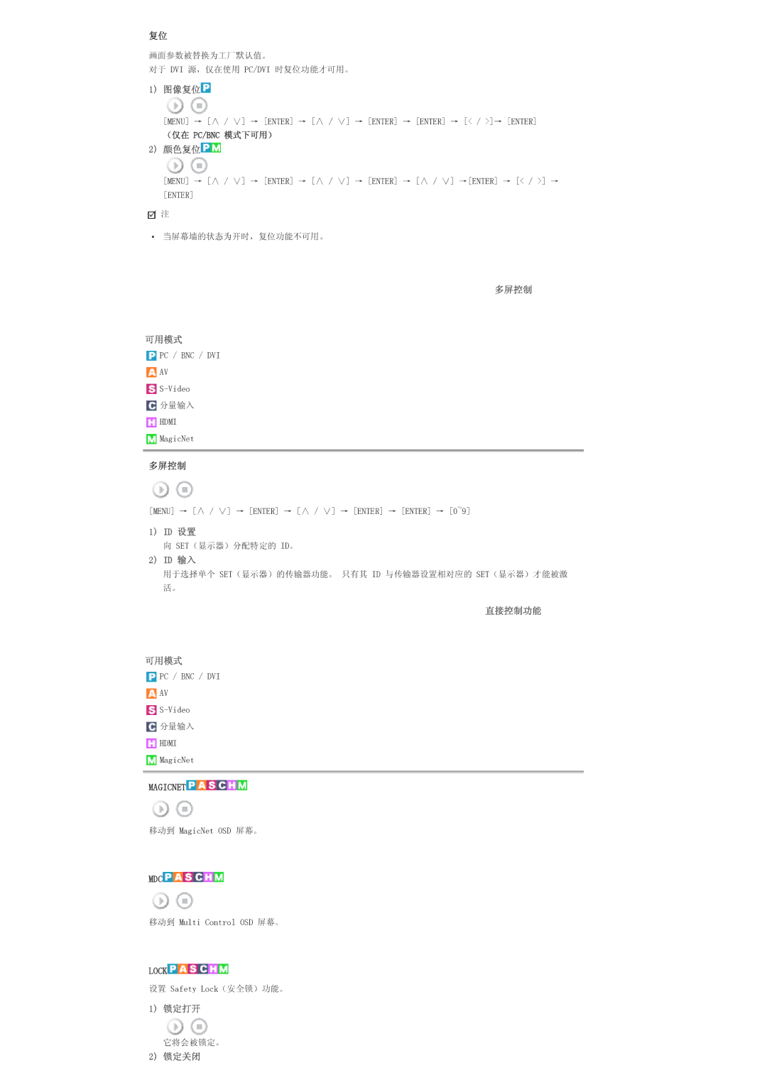 Samsung LS57BPTNB/EDC, LS57BPTNS/EDC manual 图像复位, 颜色复位, 多屏控制 可用模式, Id 设置, Id 输入, 直接控制功能 可用模式, 锁定打开, 锁定关闭 