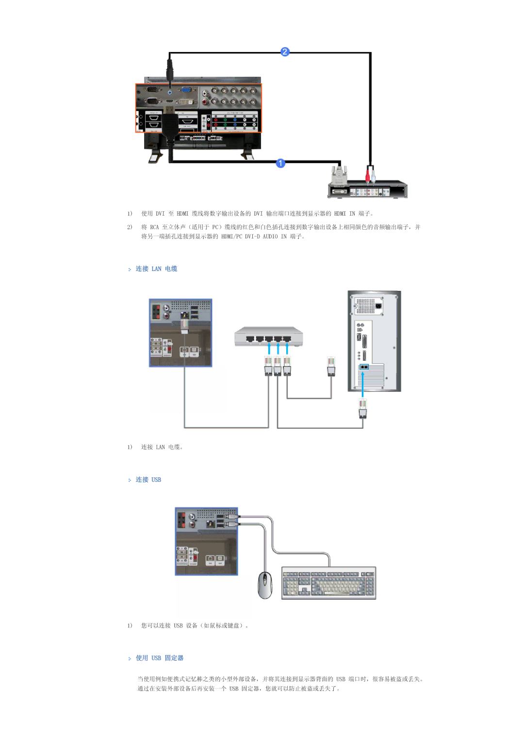 Samsung LS57BPTNS/EDC, LS57BPTNB/EDC manual 连接 Lan 电缆, 连接 Usb, 使用 Usb 固定器 