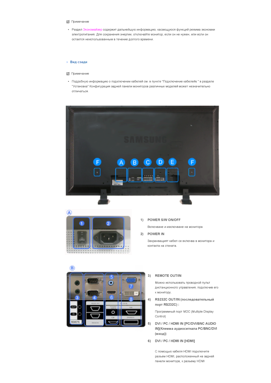 Samsung LS57BPTNB/EDC Power S/W ON/OFF, Remote OUT/IN, RS232C OUT/IN последовательный порт RS232C, DVI / PC / Hdmi in Hdmi 