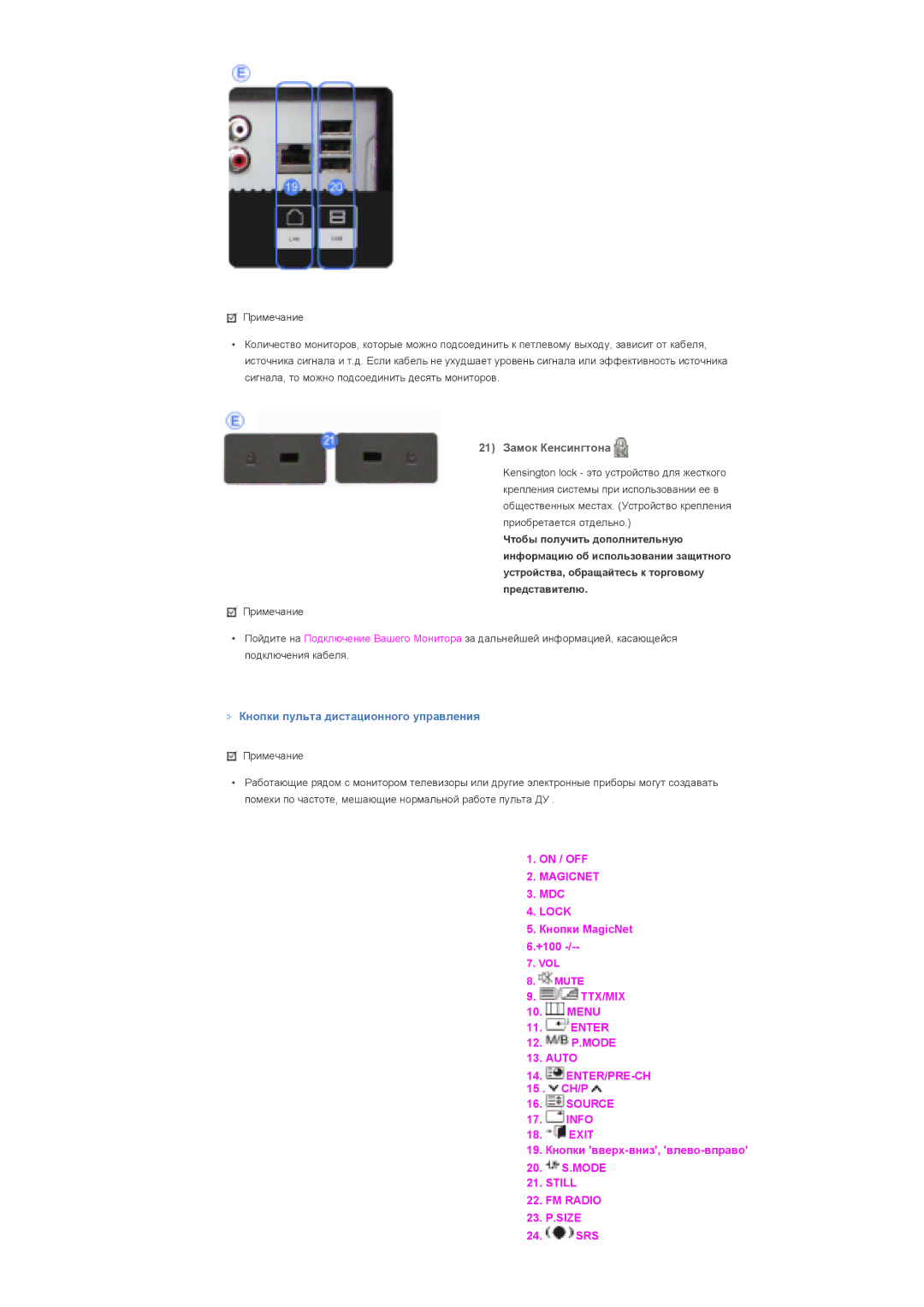 Samsung LS57BPTNB/EDC, LS57BPTNS/EDC manual 21 Замок Кенсингтона, Кнопки пульта дистационного управления 