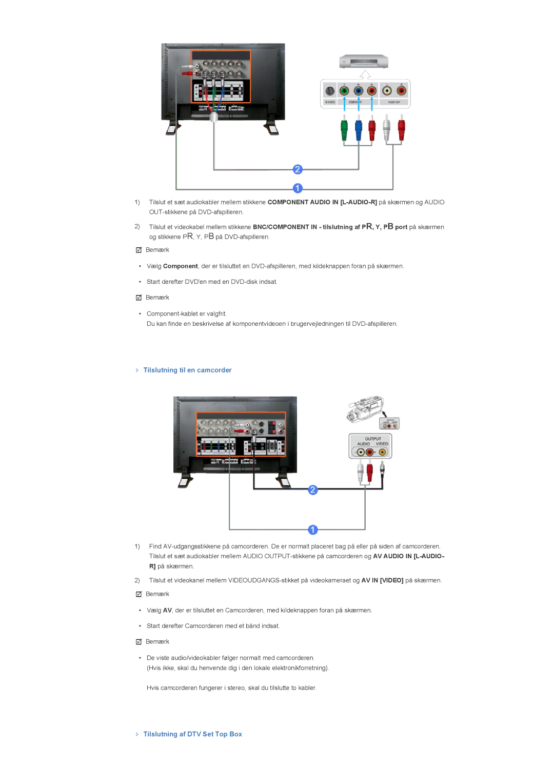 Samsung LS57BPTNS/EDC manual Tilslutning til en camcorder, Tilslutning af DTV Set Top Box 