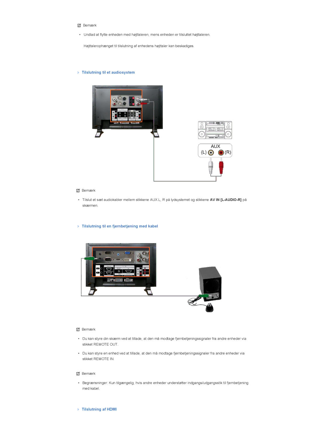 Samsung LS57BPTNS/EDC Tilslutning til et audiosystem, Tilslutning til en fjernbetjening med kabel, Tilslutning af Hdmi 