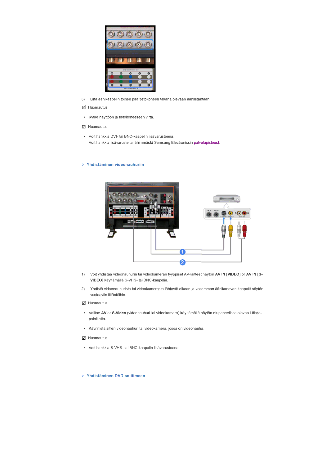 Samsung LS57BPTNS/EDC manual Yhdistäminen videonauhuriin, Yhdistäminen DVD-soittimeen 