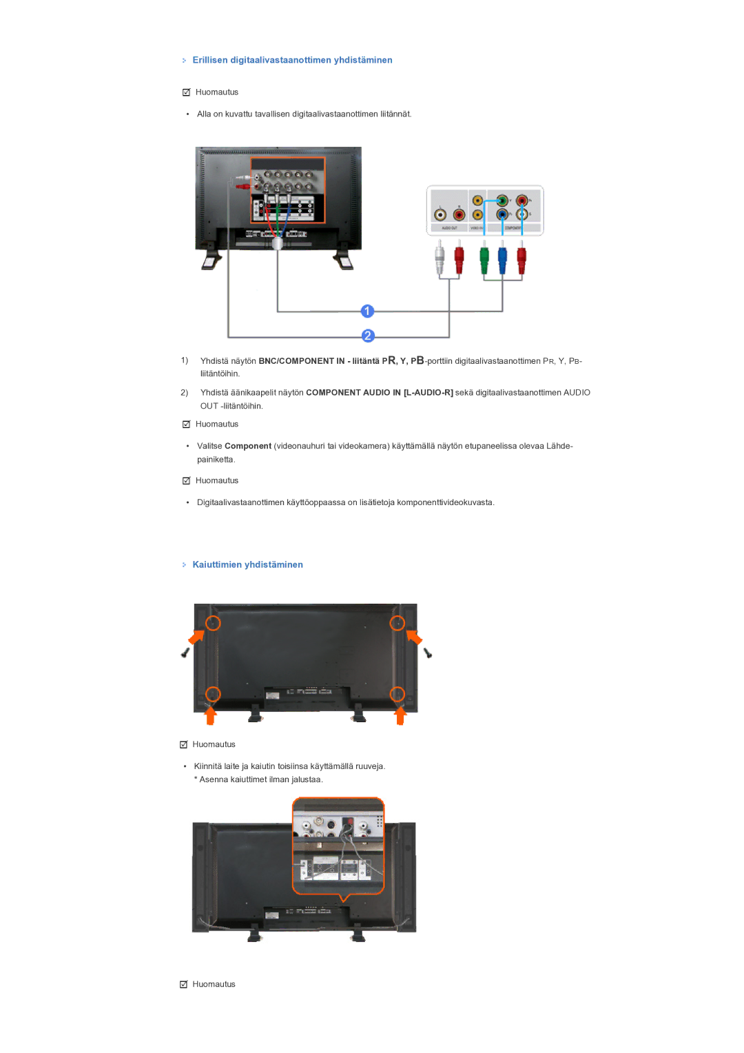 Samsung LS57BPTNS/EDC manual Erillisen digitaalivastaanottimen yhdistäminen, Kaiuttimien yhdistäminen 