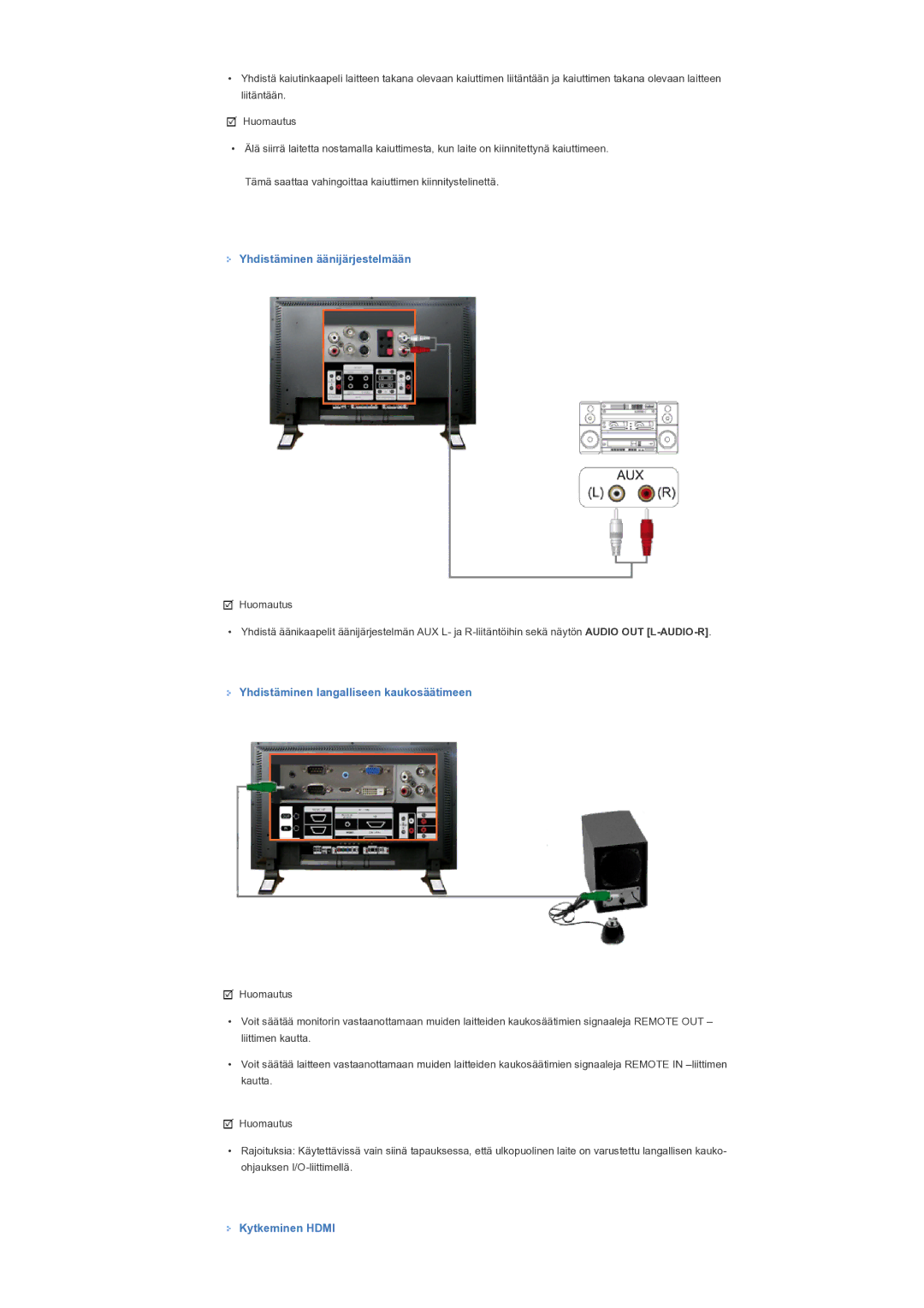 Samsung LS57BPTNS/EDC manual Yhdistäminen äänijärjestelmään, Yhdistäminen langalliseen kaukosäätimeen, Kytkeminen Hdmi 