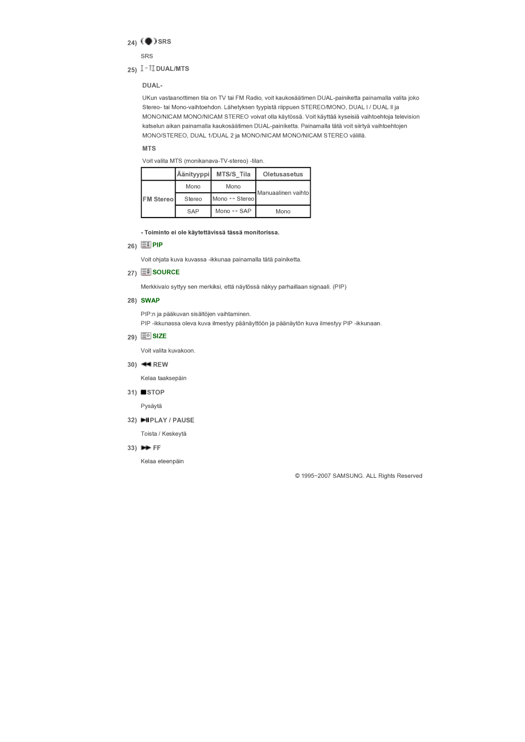 Samsung LS57BPTNS/EDC manual DUAL/MTS Dual, Mts, Play / Pause 