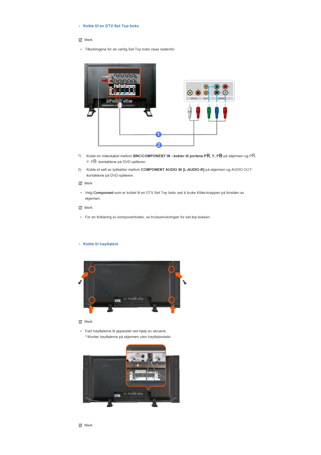 Samsung LS57BPTNS/EDC manual Koble til en DTV Set Top boks, Koble til høyttalere 