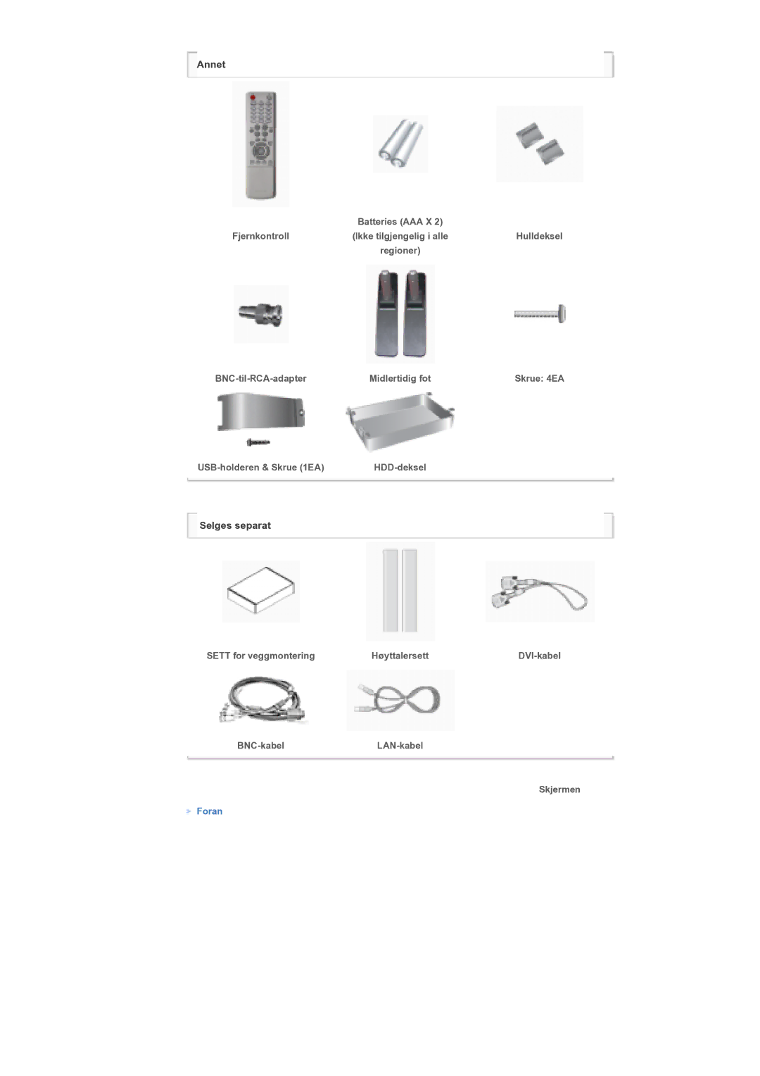 Samsung LS57BPTNS/EDC manual Fjernkontroll, BNC-til-RCA-adapter Midlertidig fot, USB-holderen & Skrue 1EA 