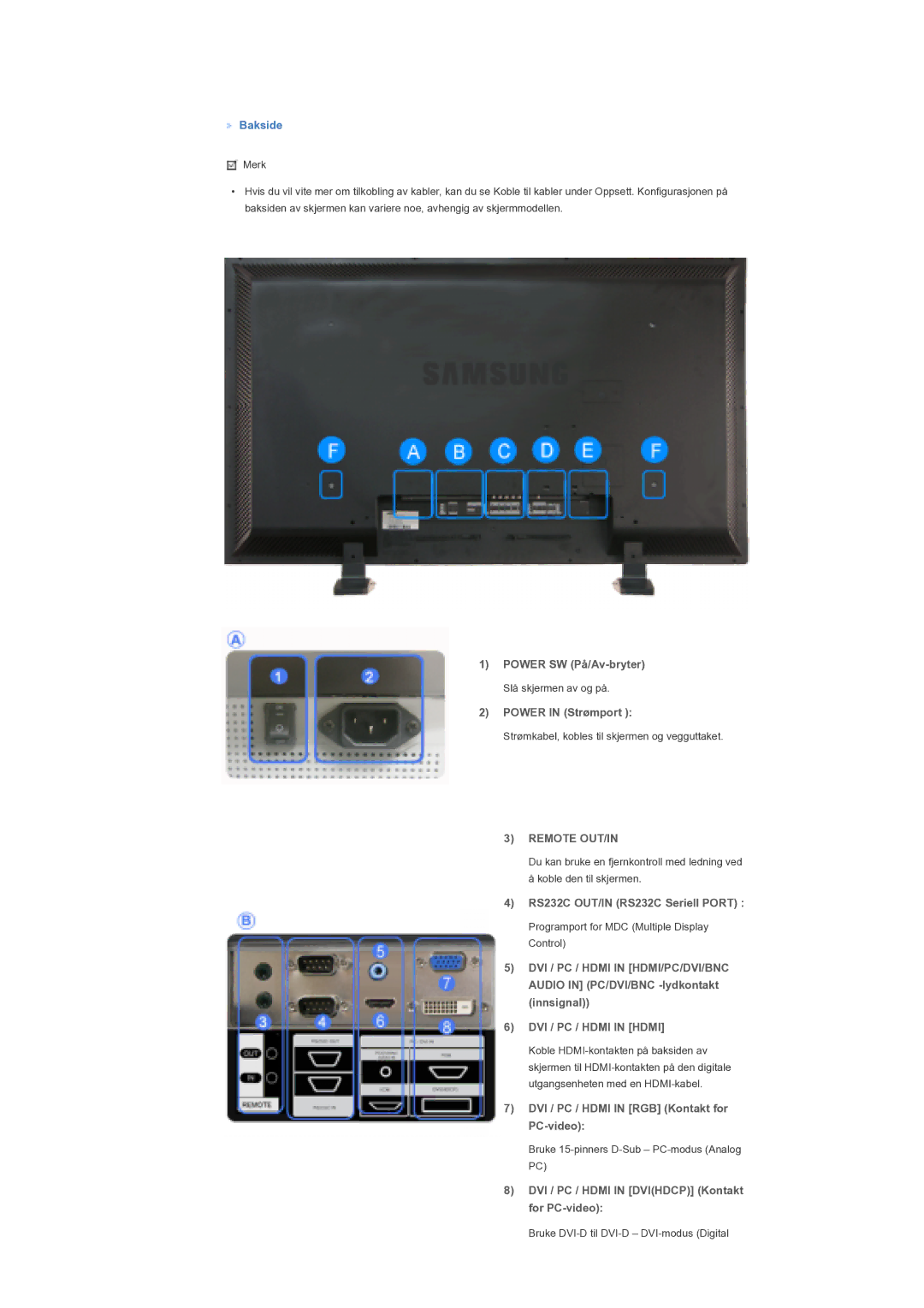 Samsung LS57BPTNS/EDC manual Remote OUT/IN, DVI / PC / Hdmi in Hdmi 