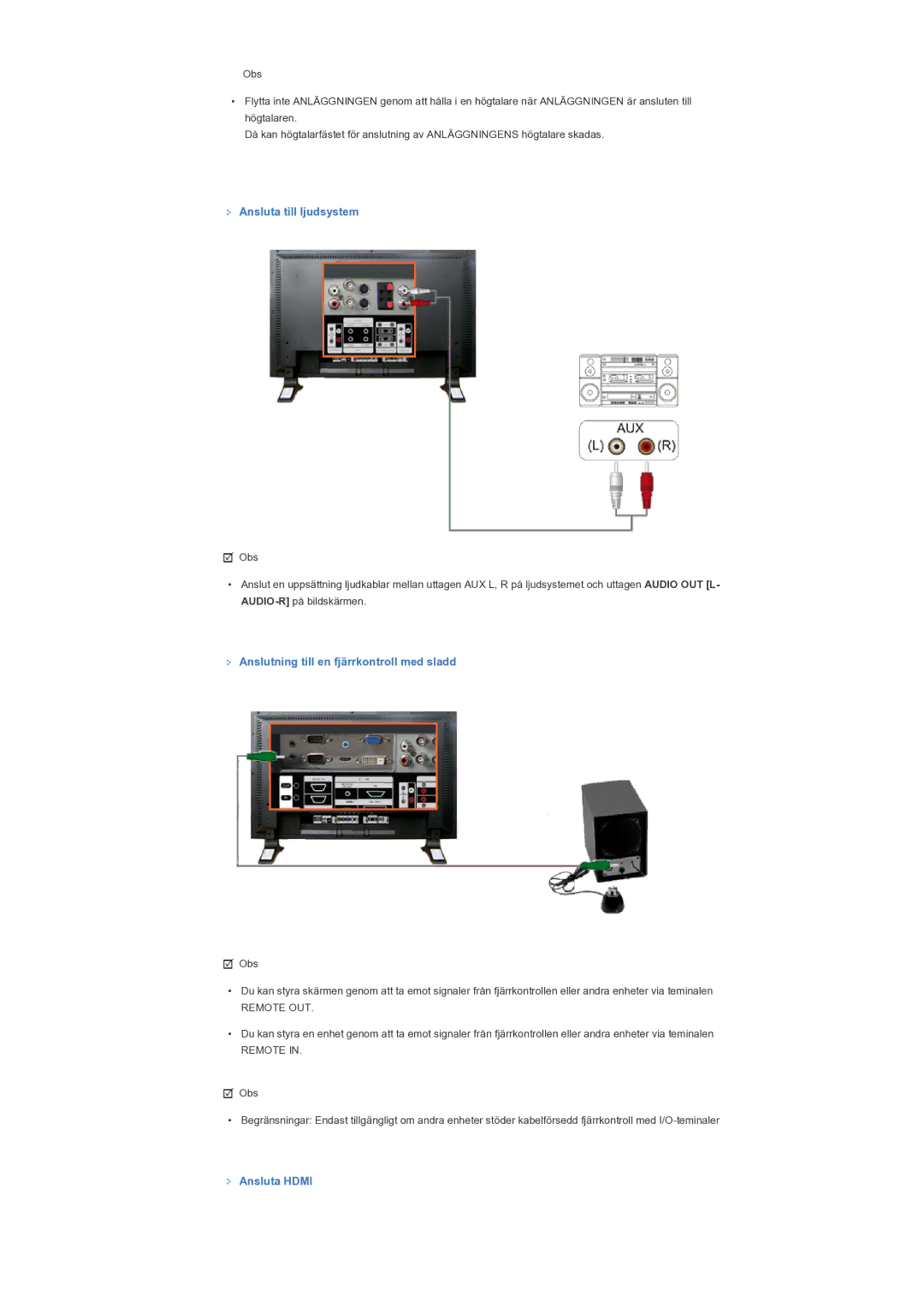 Samsung LS57BPTNS/EDC manual Ansluta till ljudsystem, Anslutning till en fjärrkontroll med sladd, Ansluta Hdmi 