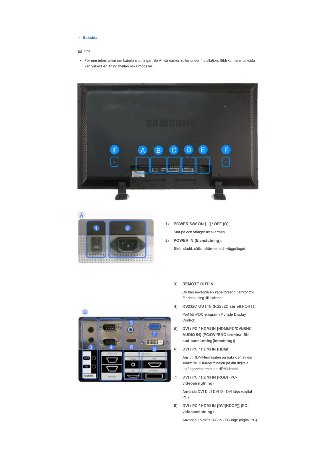 Samsung LS57BPTNS/EDC manual Remote OUT/IN, DVI / PC / Hdmi in Hdmi 