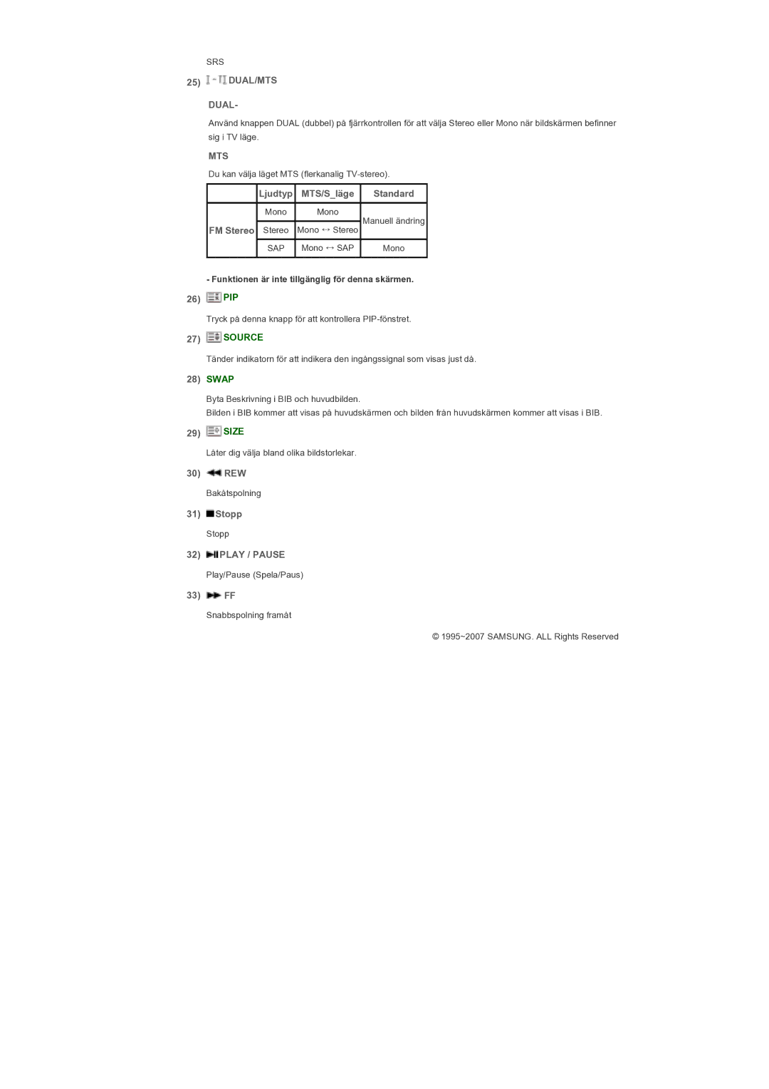 Samsung LS57BPTNS/EDC manual Dual, Mts, Play / Pause 