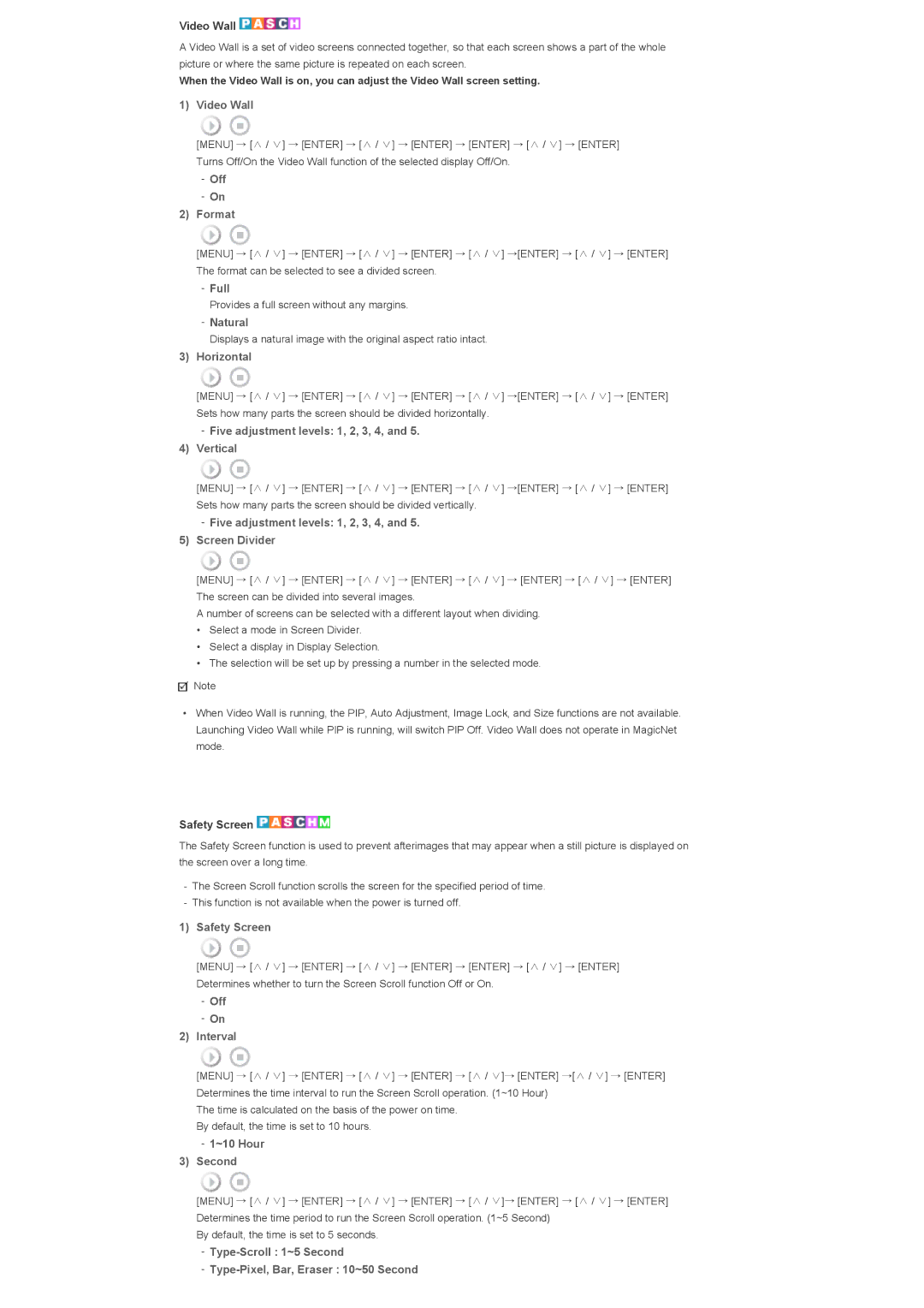 Samsung LS57BPTNB/EDC manual Video Wall, Off Format, Full, Natural, Horizontal, Five adjustment levels 1, 2, 3, 4, Vertical 