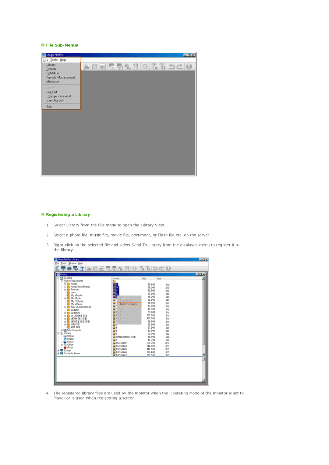 Samsung LS57BPTNBF/EDC, LS57BPTNS/XSJ, LS57BPTNS/EDC, LS57BPTNB/EDC manual File Sub-Menus Registering a Library 