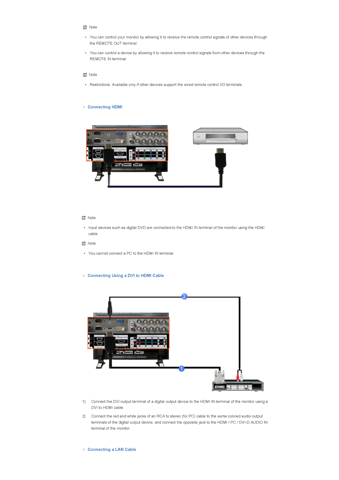 Samsung LS57BPTNS/EDC, LS57BPTNS/XSJ manual Connecting Hdmi, Connecting Using a DVI to Hdmi Cable, Connecting a LAN Cable 