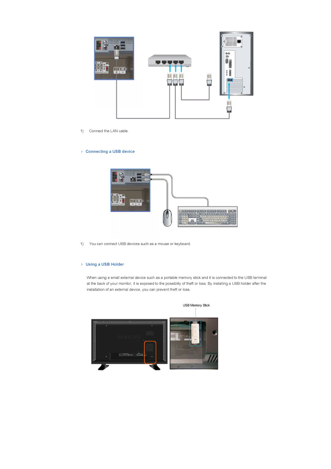 Samsung LS57BPTNB/EDC, LS57BPTNS/XSJ, LS57BPTNS/EDC manual Connecting a USB device, Using a USB Holder 