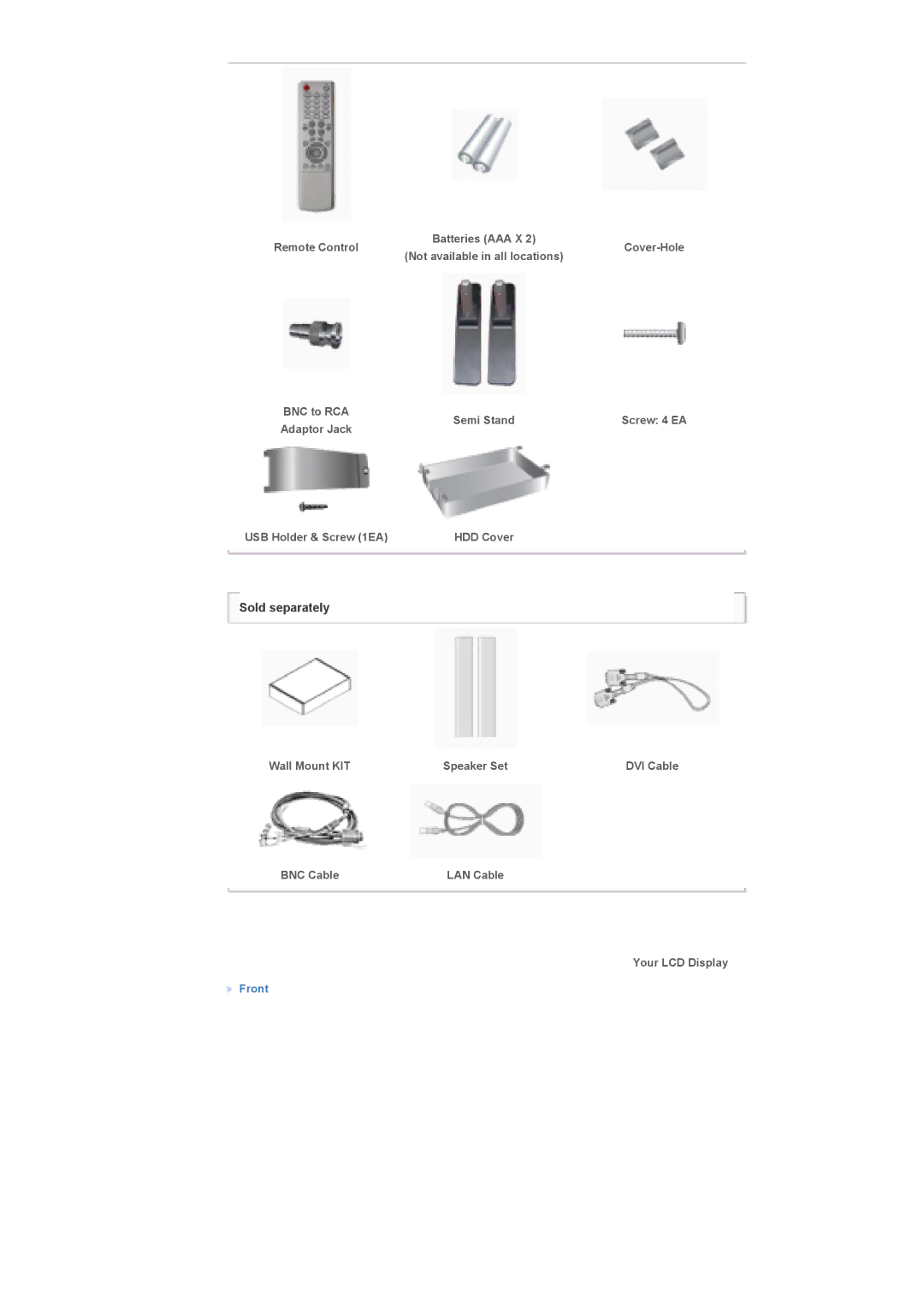 Samsung LS57BPTNS/XSJ Remote Control, BNC to RCA Semi Stand, USB Holder & Screw 1EA, Wall Mount KIT Speaker Set, BNC Cable 