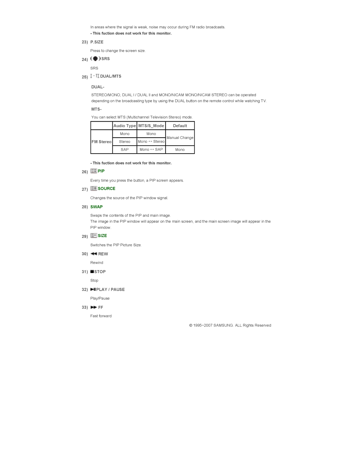 Samsung LS57BPTNS/XSJ, LS57BPTNS/EDC, LS57BPTNB/EDC manual DUAL/MTS Dual, Mts, Play / Pause 