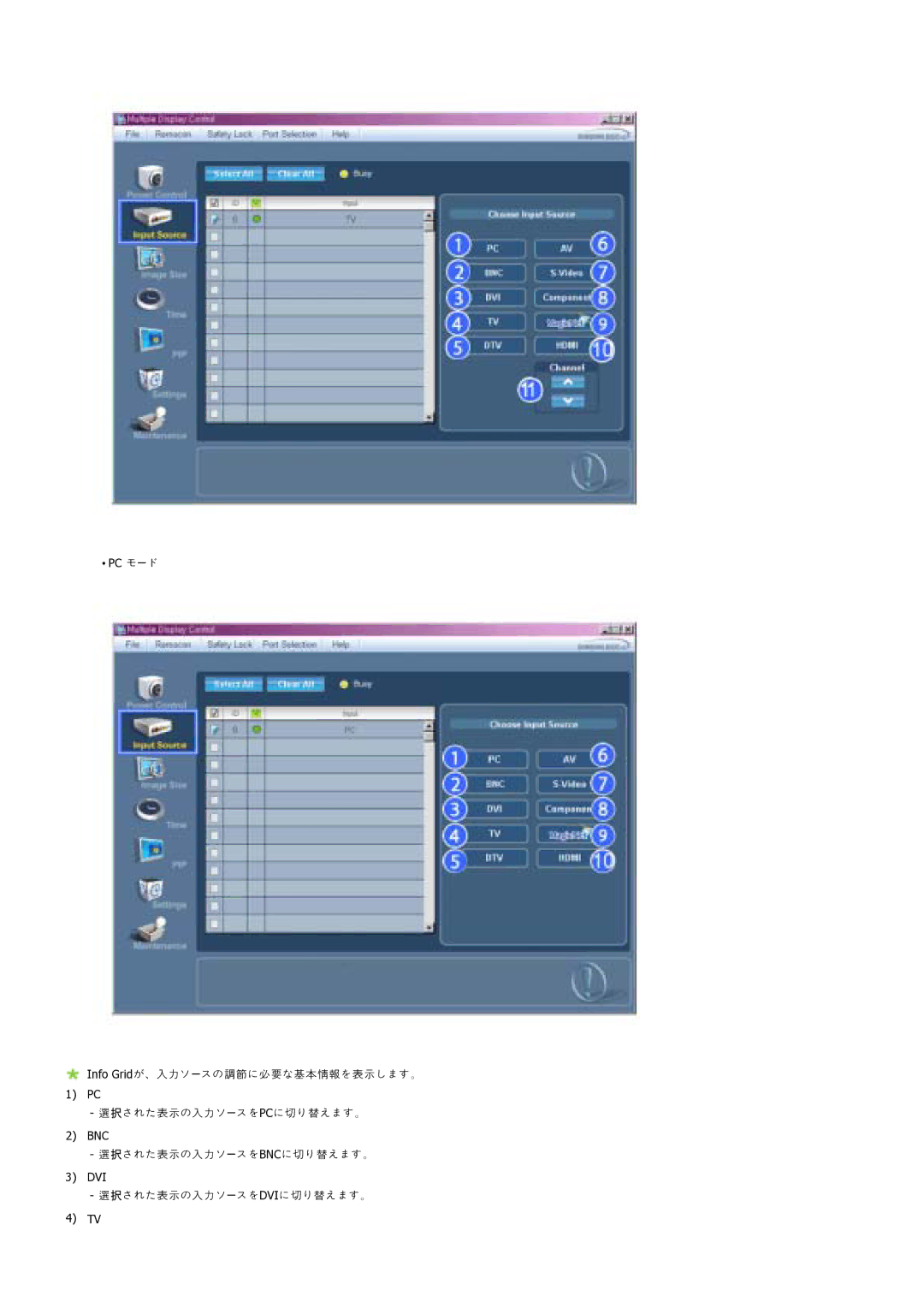 Samsung LS57BPTNS/XSJ manual PC 䯃 Info Grid BNC DVI 