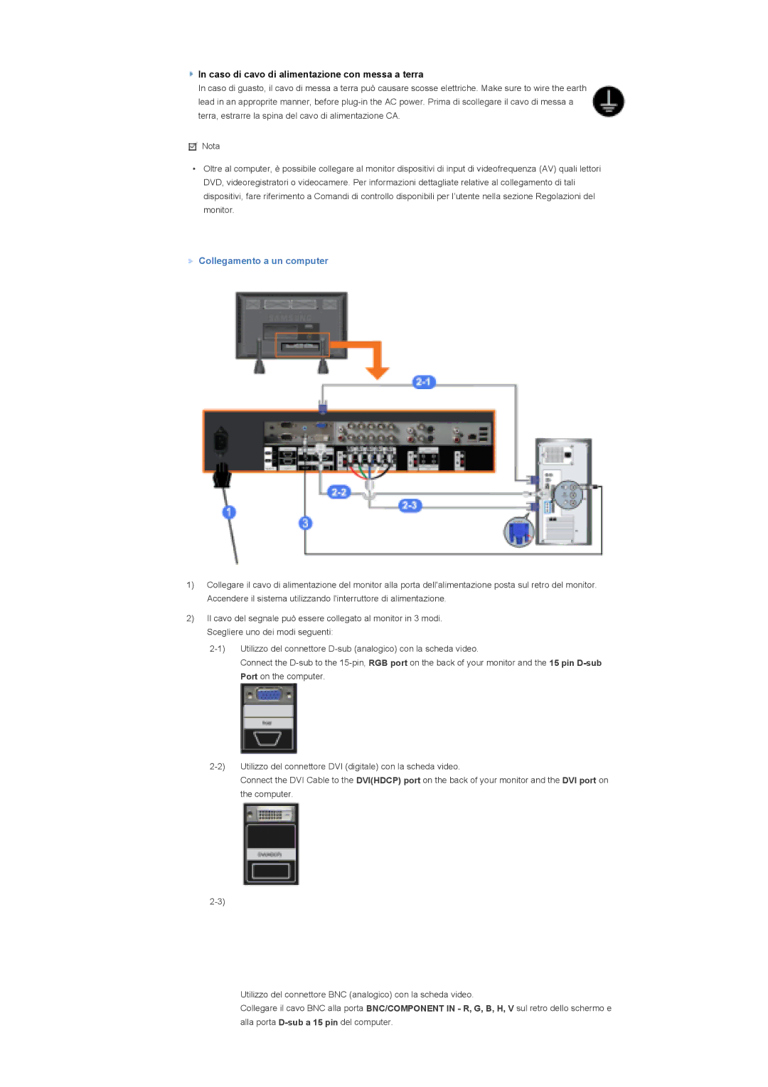 Samsung LS70BPTNS/EDC, LS70BPTNB/EDC manual Caso di cavo di alimentazione con messa a terra, Collegamento a un computer 