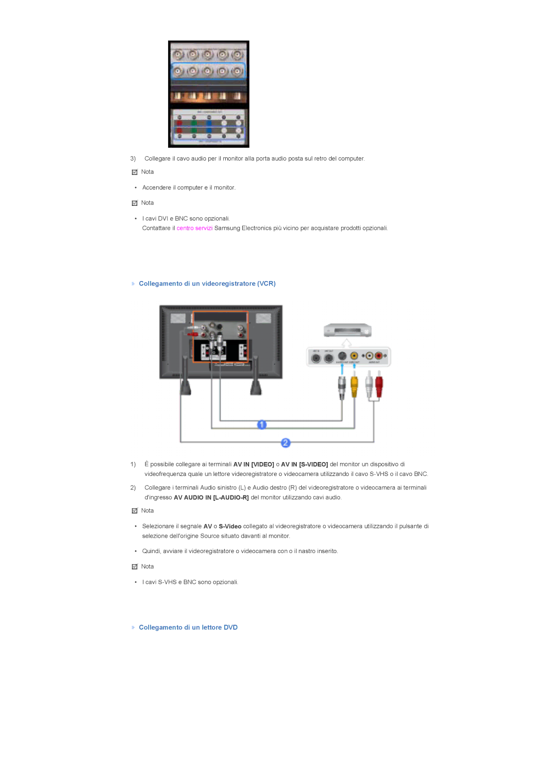 Samsung LS70BPTNB/EDC, LS70BPTNS/EDC manual Collegamento di un videoregistratore VCR, Collegamento di un lettore DVD 