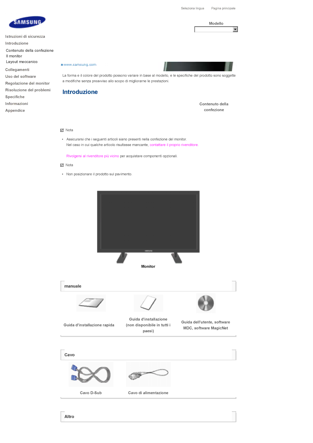 Samsung LS70BPTNS/EDC, LS70BPTNB/EDC manual Modello, Contenuto della Confezione, MDC, software MagicNet Cavo D-Sub 