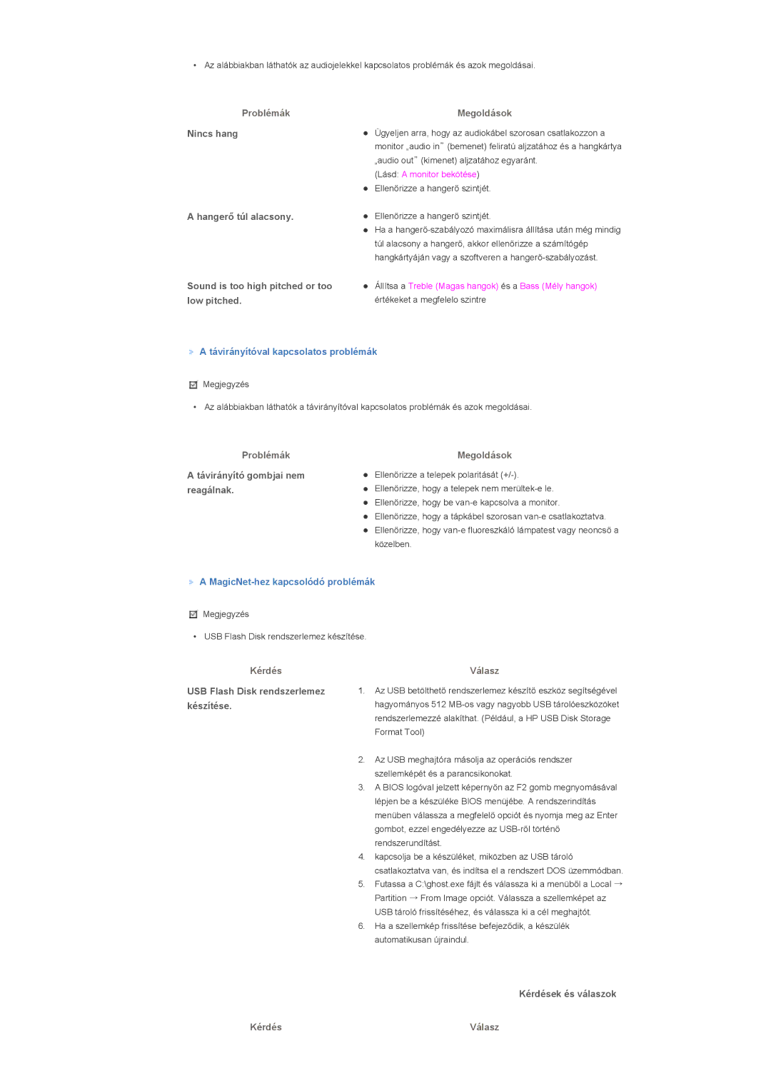 Samsung LS70BPTNB/EDC manual Távirányító gombjai nem reagálnak, Kérdés, USB Flash Disk rendszerlemez készítése, Válasz 