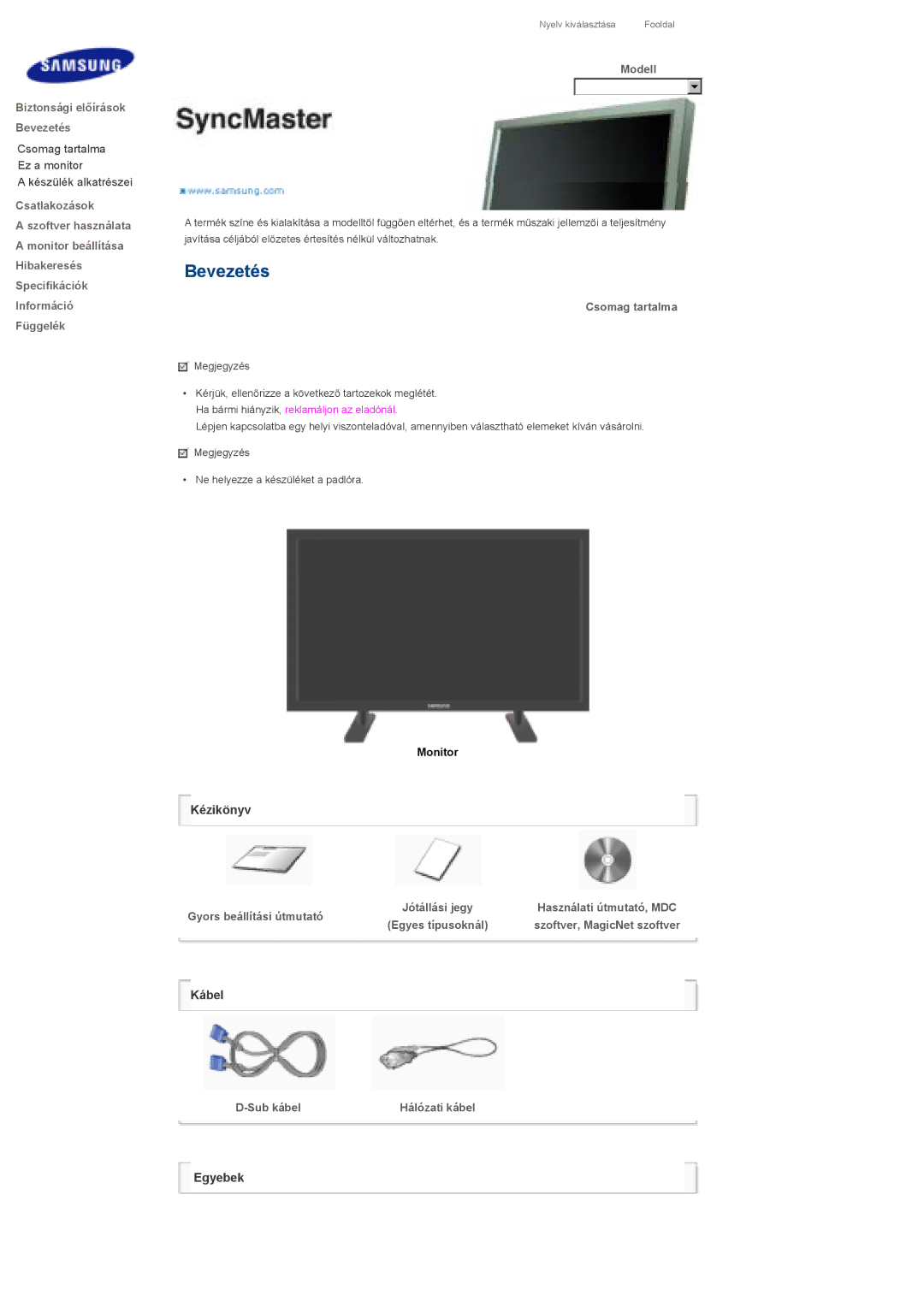 Samsung LS70BPTNS/EDC, LS70BPTNB/EDC manual Modell, Csomag tartalma, Gyors beállítási útmutató, Sub kábel 