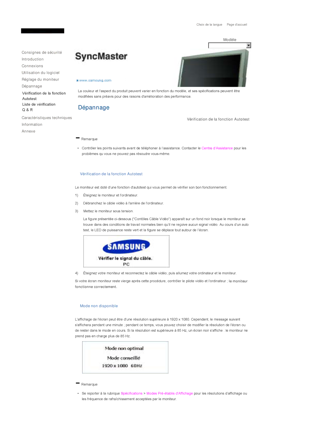 Samsung LS82BPTNS/EDC, LS82BPTNB/EDC Caractéristiques techniques Information Annexe, Vérification de la fonction Autotest 