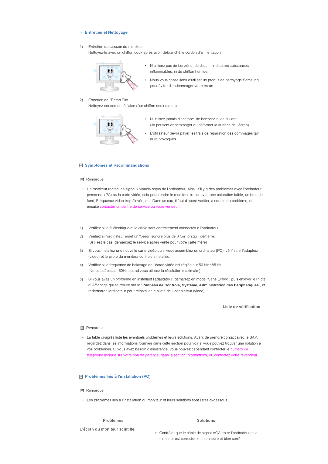 Samsung LS70BPTNB/EDC, LS82BPTNB/EDC, LS70BPTNBF/EDC manual Liste de vérification, Problèmes, ’écran du moniteur scintille 