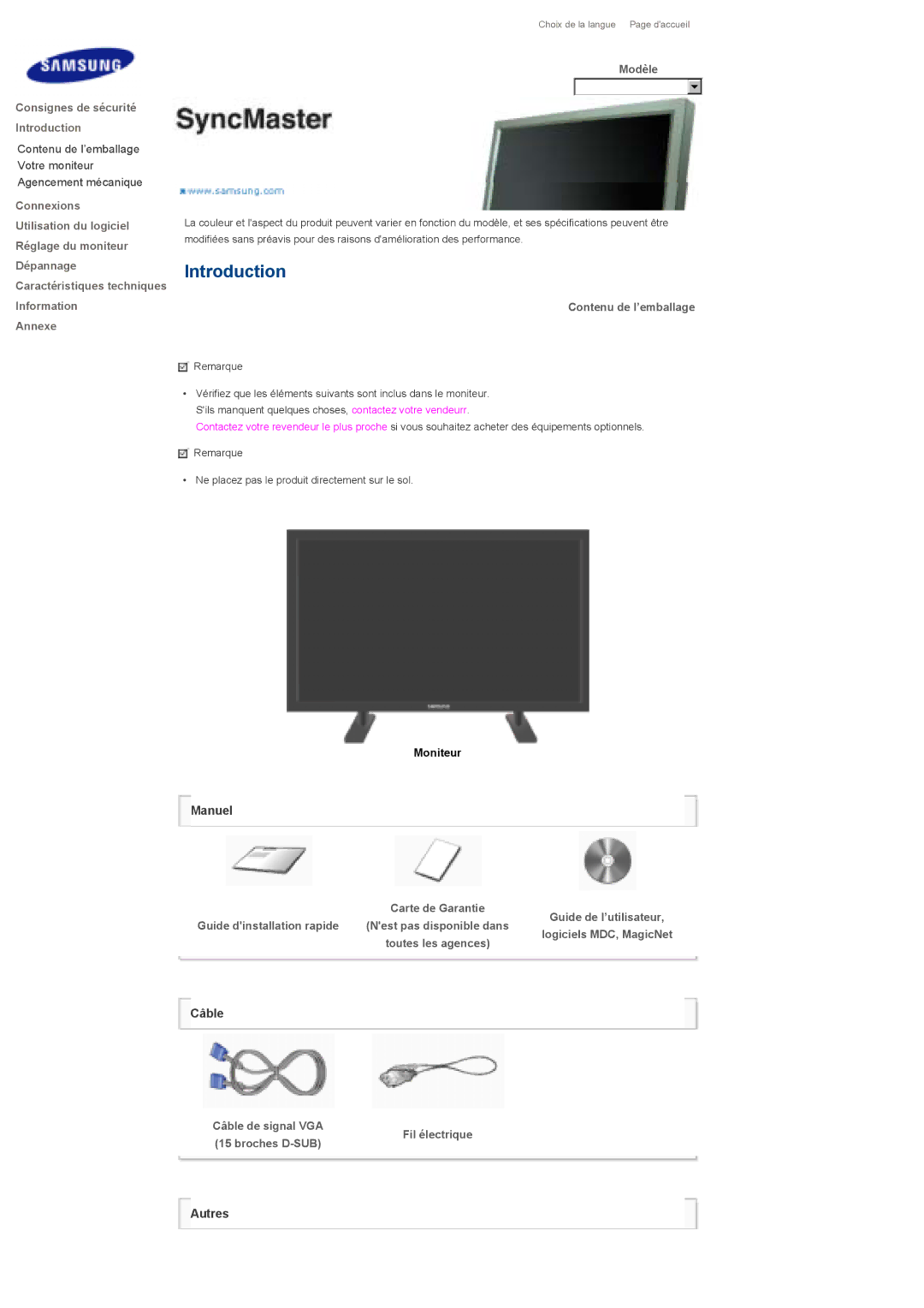 Samsung LS70BPPNBYSEDC, LS82BPTNB/EDC, LS70BPTNBF/EDC Consignes de sécurité Introduction, Modèle, Contenu de l’emballage 