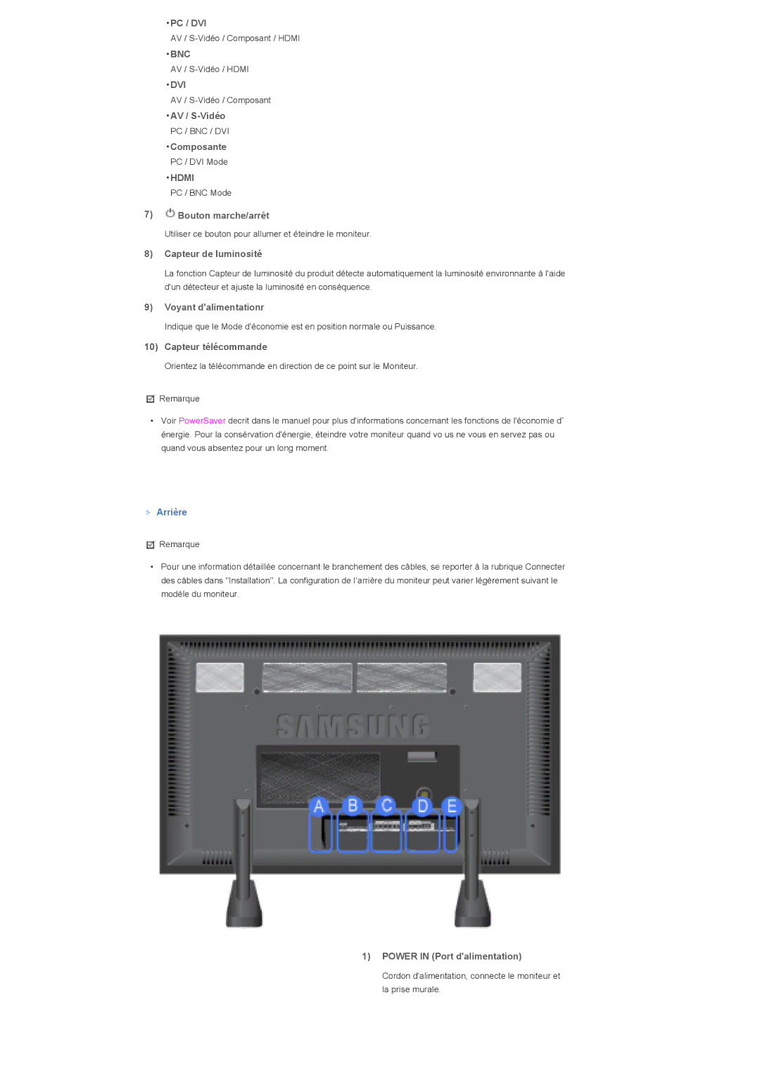 Samsung LS70BPTNBF/EDC, LS82BPTNB/EDC manual Pc / Dvi, AV / S-Vidéo, Composante, Bouton marche/arrêt, Capteur de luminosité 