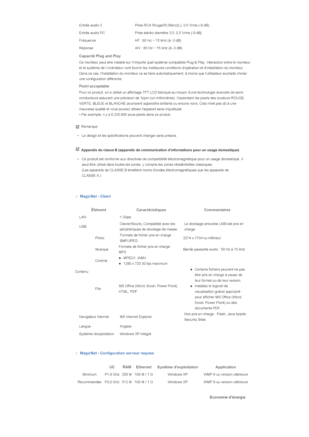 Samsung LS70BPTNS/EDC, LS82BPTNB/EDC, LS70BPTNBF/EDC, LS70BPPNBYSEDC, LS82BPTNS/EDC manual MagicNet Client, Economie dénergie 