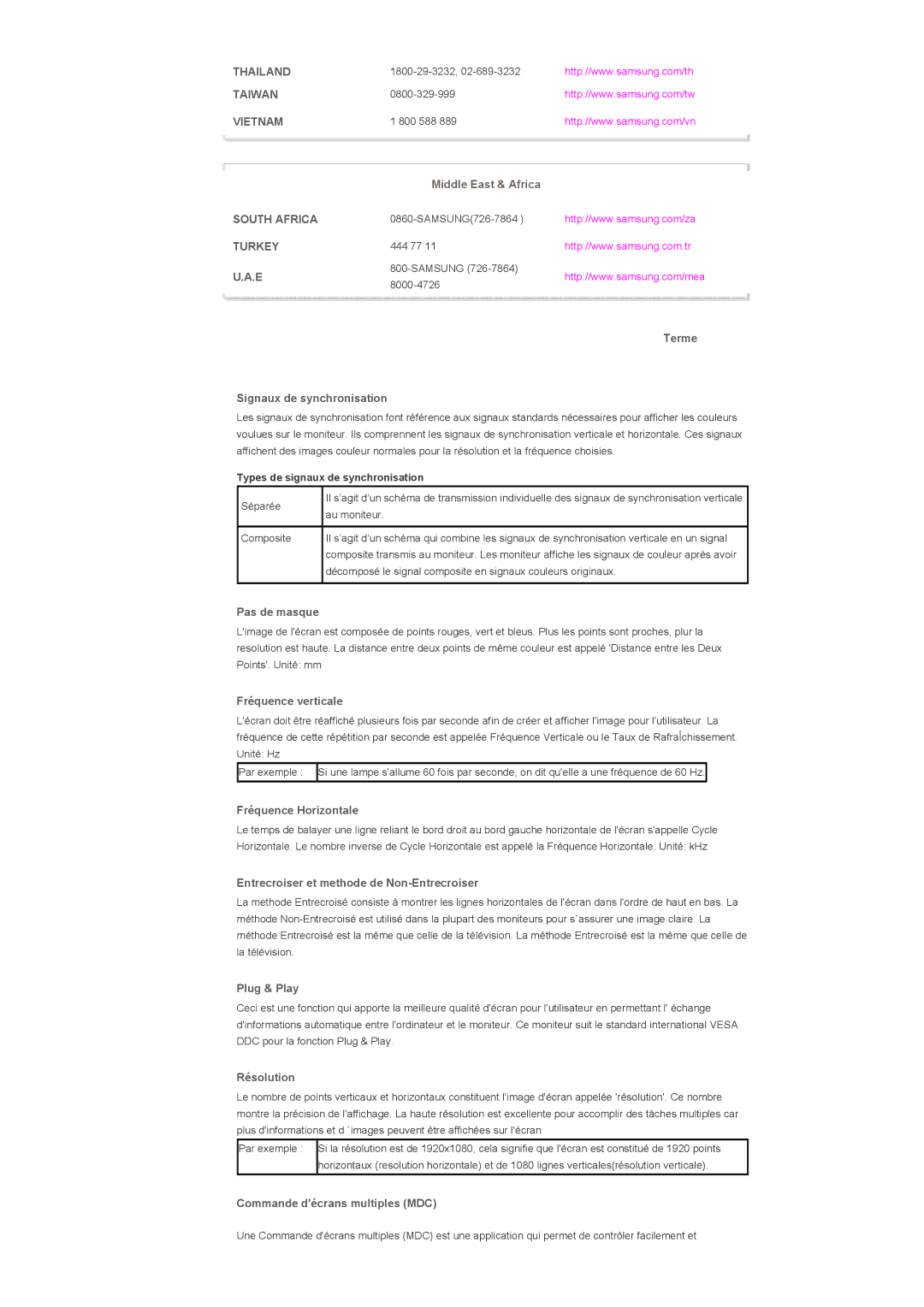 Samsung LS82BPTNS/EDC manual Terme Signaux de synchronisation, Pas de masque, Fréquence verticale, Fréquence Horizontale 