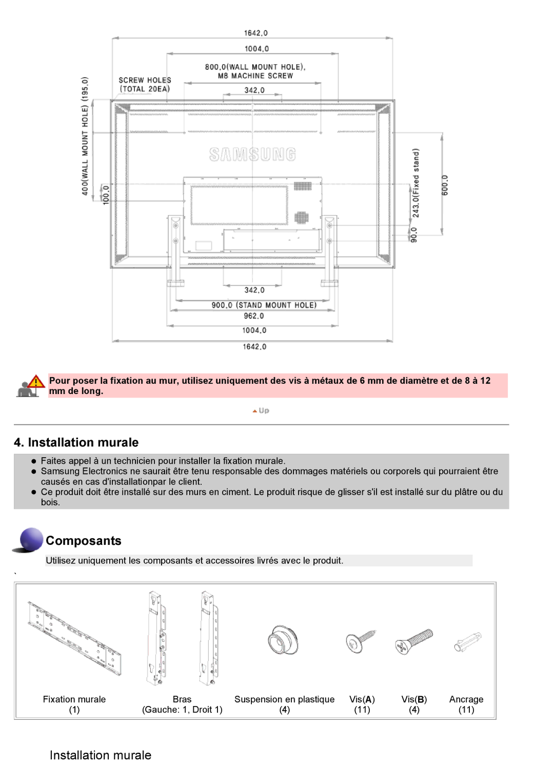 Samsung LS70BPPNBYSEDC, LS82BPTNB/EDC, LS70BPTNBF/EDC, LS70BPTNS/EDC, LS82BPTNS/EDC, LS70BPTNB/EDC manual Installation murale 