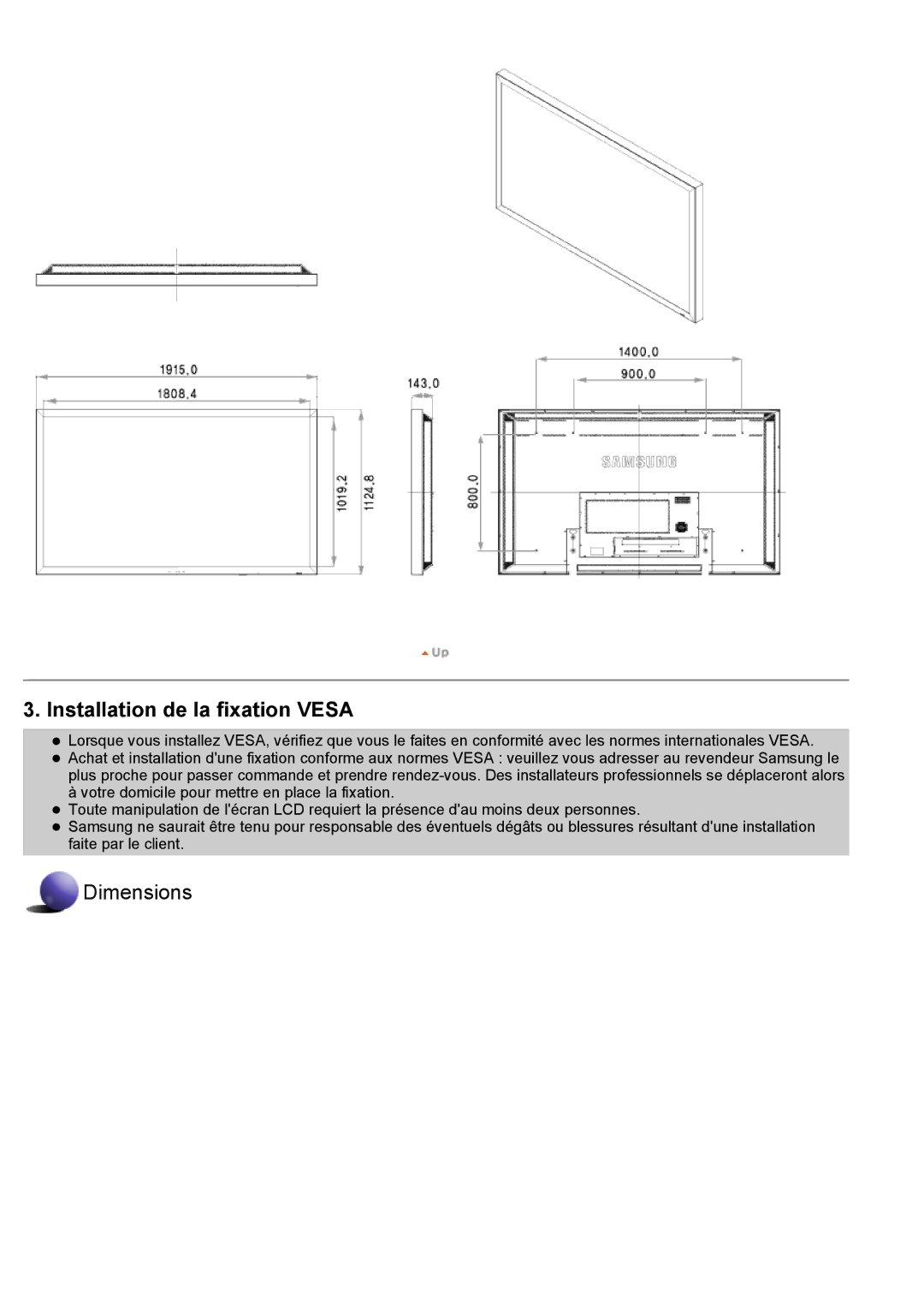 Samsung LS70BPTNBF/EDC, LS82BPTNB/EDC, LS70BPPNBYSEDC, LS70BPTNS/EDC, LS82BPTNS/EDC manual Installation de la fixation Vesa 