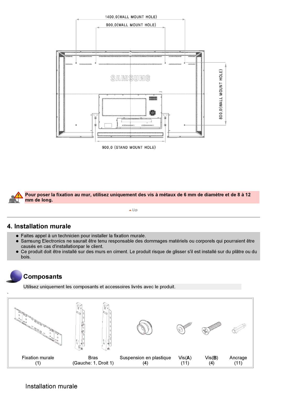 Samsung LS70BPPNBYSEDC, LS82BPTNB/EDC, LS70BPTNBF/EDC, LS70BPTNS/EDC, LS82BPTNS/EDC, LS70BPTNB/EDC manual Installation murale 