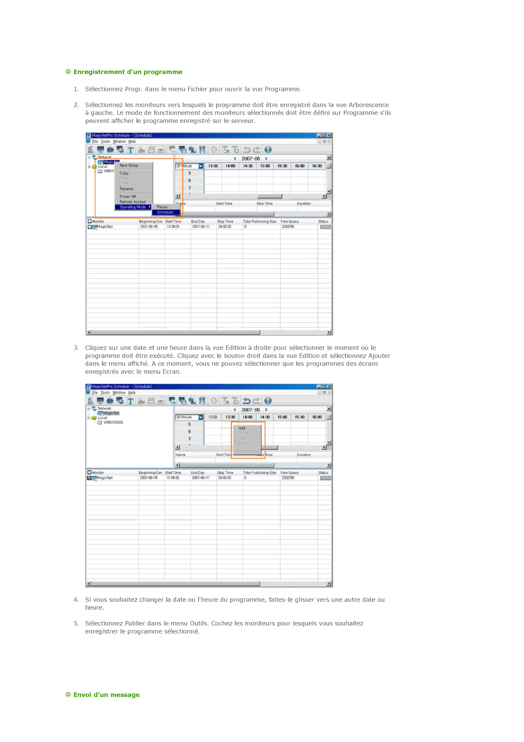 Samsung LS82BPTNS/EDC, LS82BPTNB/EDC, LS70BPTNBF/EDC, LS70BPPNBYSEDC manual Enregistrement dun programme, Envoi dun message 