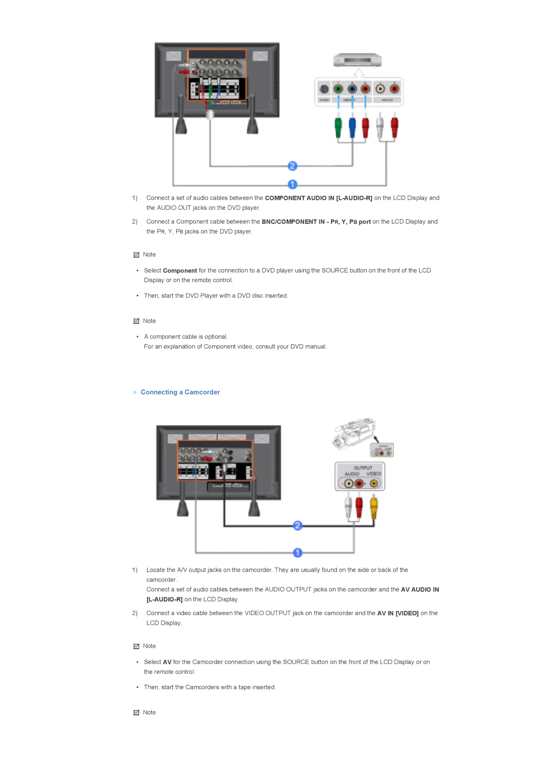 Samsung LS82BPTNS/EDC, LS82BPTNB/EDC, LS70BPTNBF/EDC, LS70BPPNBYSEDC, LS70BPTNS/XSJ, LS70BPTNS/EDC manual Connecting a Camcorder 