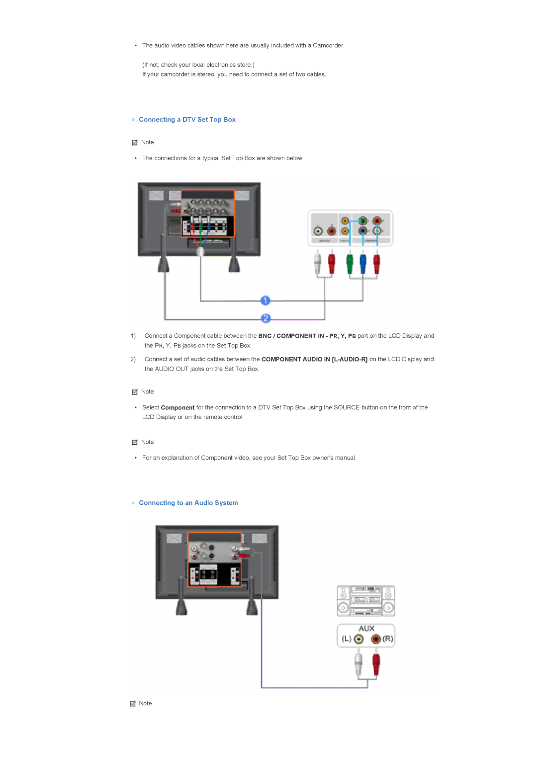 Samsung LS70BPTNB/EDC, LS82BPTNB/EDC, LS70BPTNBF/EDC manual Connecting a DTV Set Top Box, Connecting to an Audio System 