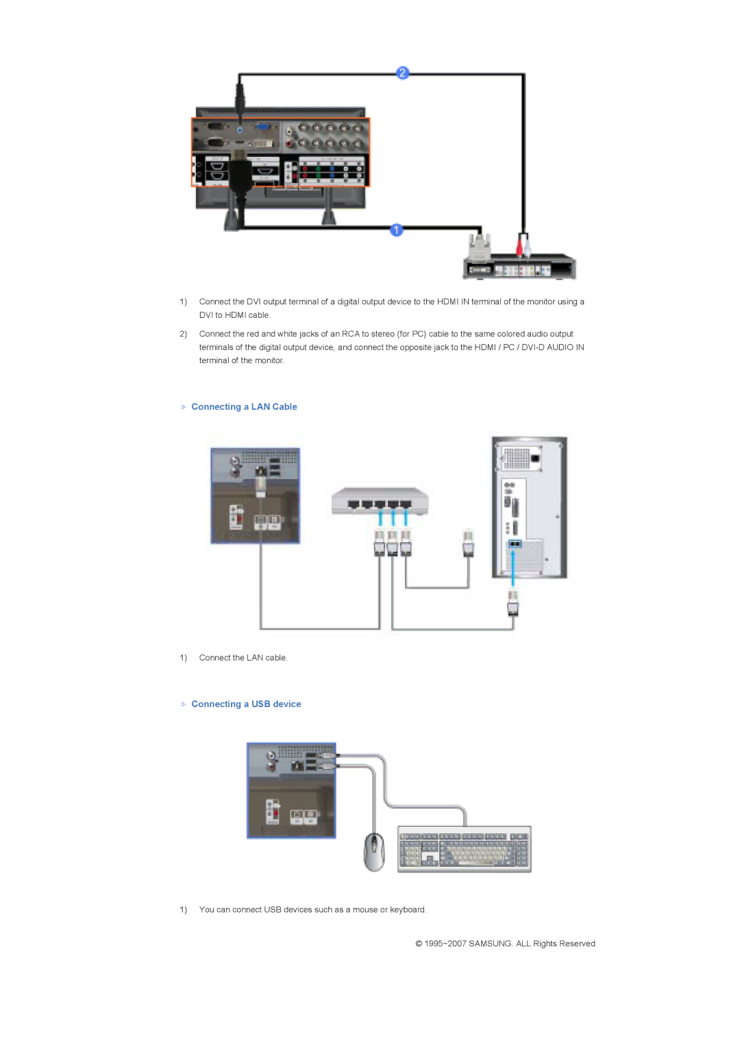 Samsung LS70BPTNBF/EDC, LS82BPTNB/EDC, LS70BPPNBYSEDC, LS70BPTNS/XSJ manual Connecting a LAN Cable, Connecting a USB device 