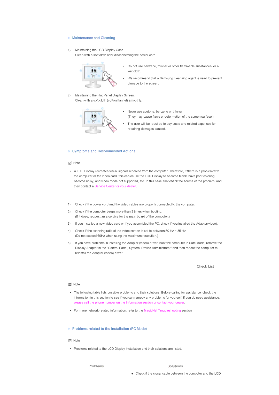 Samsung LS70BPTNS/XSJ, LS82BPTNB/EDC manual Maintenance and Cleaning, Symptoms and Recommended Actions, Check List, Problems 