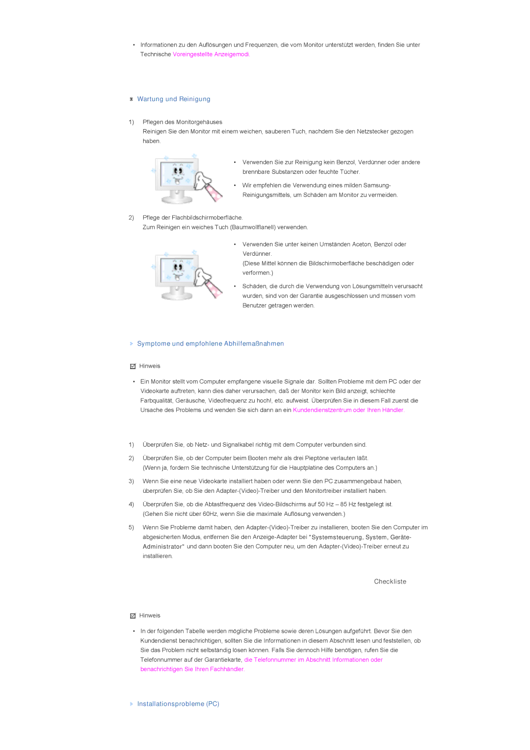 Samsung LS70BPTNBF/EDC, LS82BPTNB/EDC manual Wartung und Reinigung, Symptome und empfohlene Abhilfemaßnahmen, Checkliste 