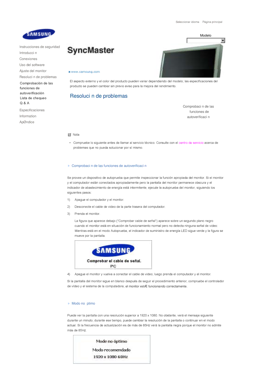 Samsung LS82BPTNB/EDC manual Especificaciones Information Apéndice, Comprobación de las Funciones de Autoverificación 