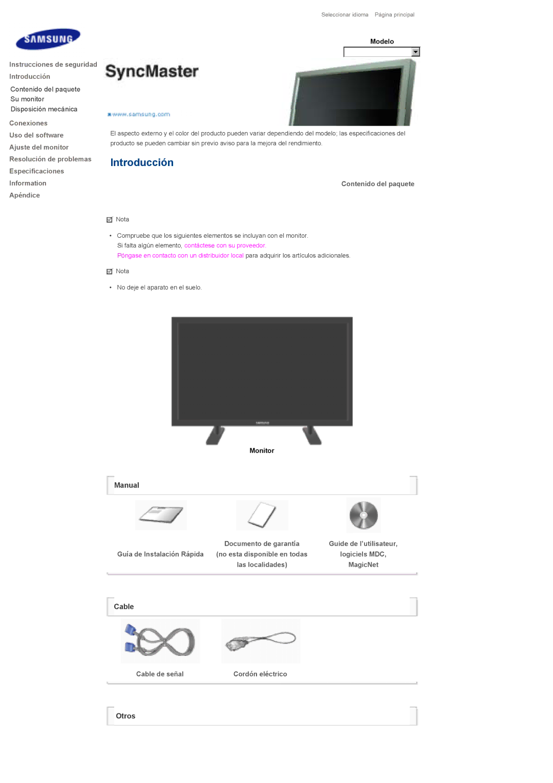 Samsung LS82BPTNS/EDC manual Instrucciones de seguridad Introducción, Contenido del paquete, Guía de Instalación Rápida 