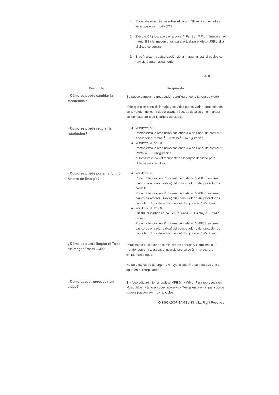 Samsung LS82BPTNB/EDC, LS70BPTNS/EDC, LS82BPTNS/EDC manual Pregunta, ¿Cómo se puede cambiar la frecuencia?, Respuesta 