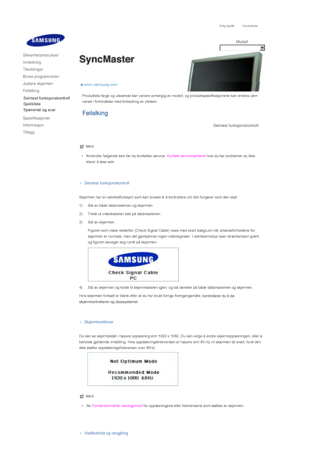 Samsung LS82BPTNB/EDC, LS70BPTNS/EDC Spesifikasjoner Informasjon Tillegg, Selvtest funksjonskontroll, Skjermkortdriver 