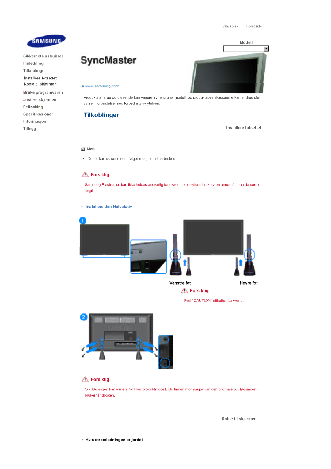 Samsung LS70BPTNS/EDC manual Sikkerhetsinstrukser Innledning Tilkoblinger, Installere fotsettet, Installere den Halvstativ 