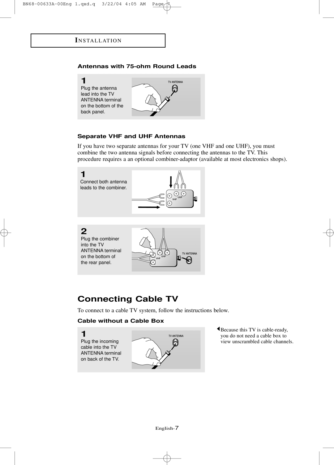 Samsung LT-P 1545, LT-P 1745 manual Connecting Cable TV, Antennas with 75-ohm Round Leads, Separate VHF and UHF Antennas 